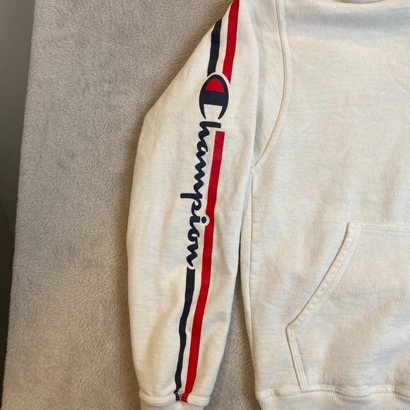 Champion Mens Hoodie Small White With Side Stripe Logo Front Pocket Drawstring - Picture 7 of 11